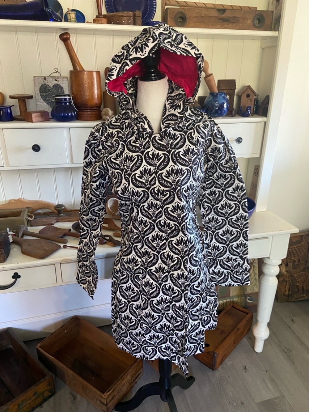 Black & White Patterned Hooded jacket with Pink Lining